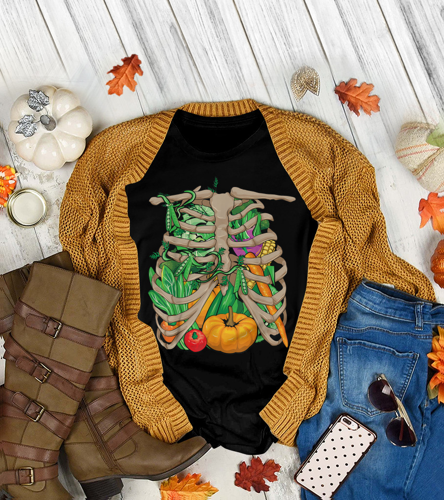 Lazy Halloween Skeleton with Cool Vegetable Costume T-Shirt