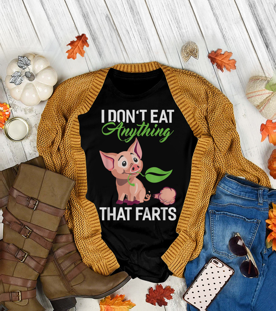 I Don't Eat Anything That Farts Cute Pig Vegan Leaf T-Shirt