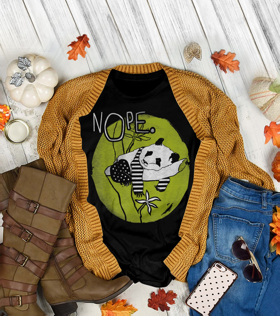Nope Lazy Tired Panda Bear Cute Pet on Green Background T-Shirt