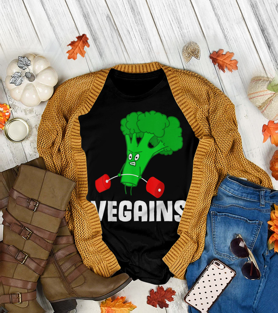 Vegains Broccoli Weightlifting for Vegan Athlete Plant Powered Workout T-Shirt