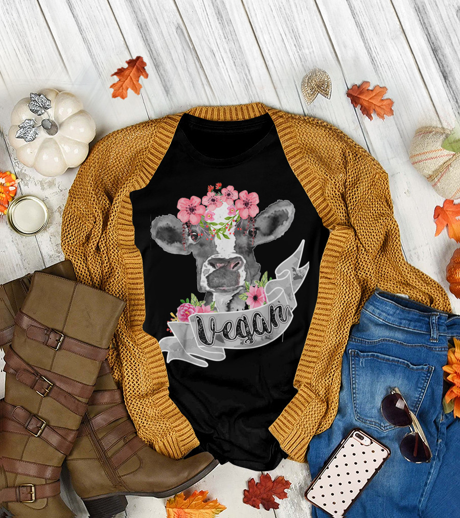Vegan Cow with Pink Flower Headband and Banner T-Shirt