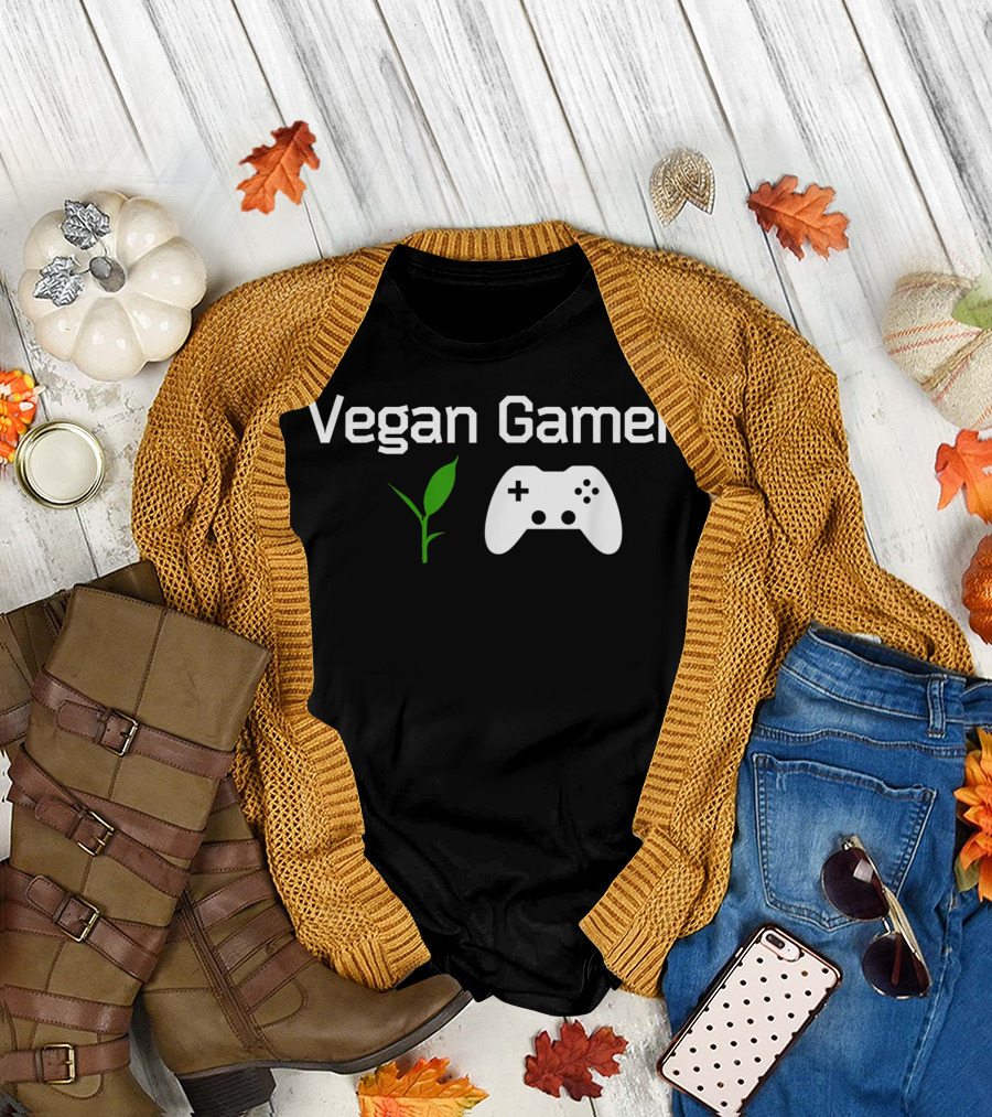 Vegan Gamer Game Controller Green Leaf Coolfunny Vegan Gaming T-Shirt