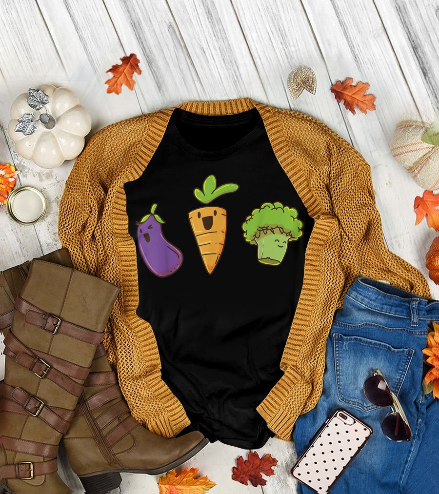 Broccoli Carrot Aubergine Happy Vegetables Vegan T-Shirt