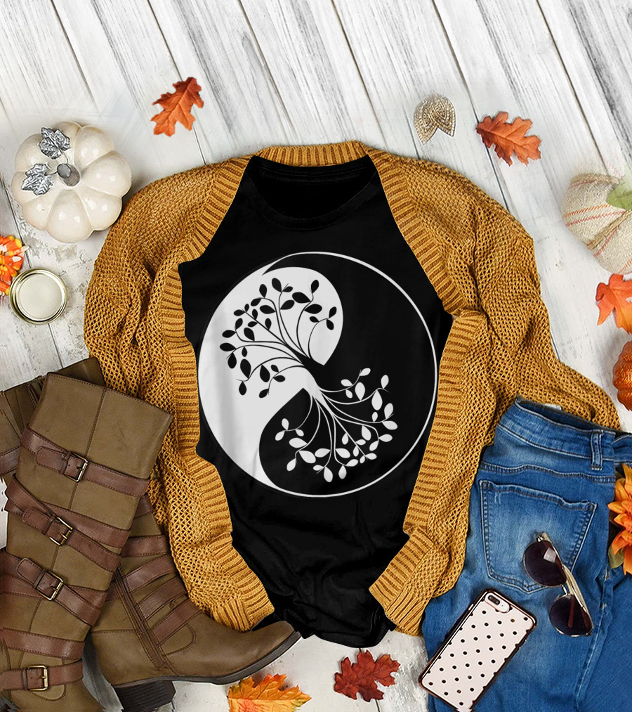 Yin Yang Tree of Life Black White Balance Yoga T-Shirt