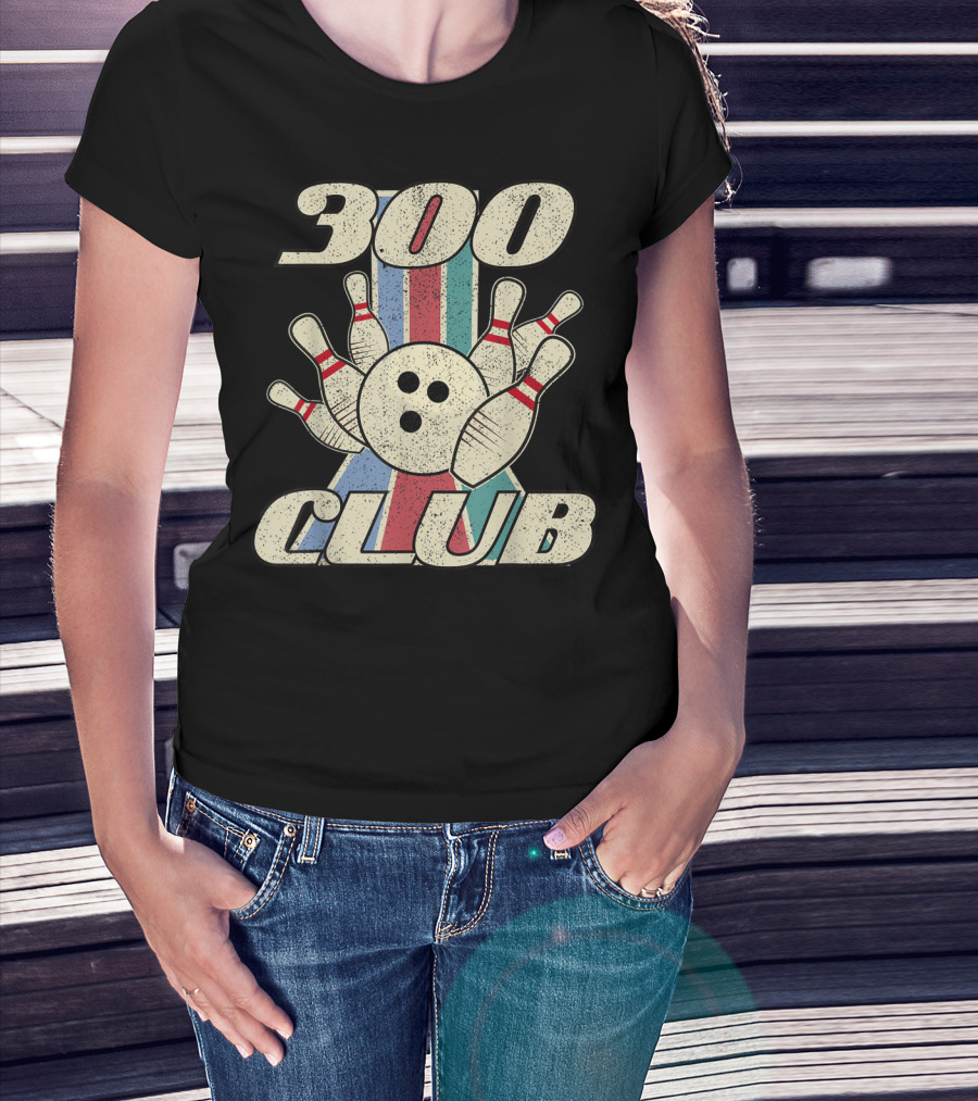 300 Club Bowling Distressed Perfect Game Retro Bowling Pins And Ball T-Shirt