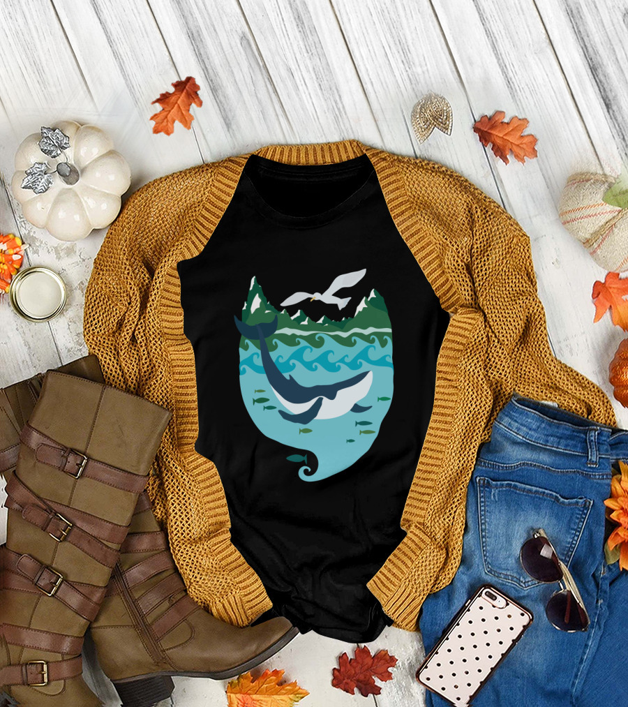 Whale Tale Ocean Scene with Whale, Fish, Waves, Mountains, and Seagull T-Shirt