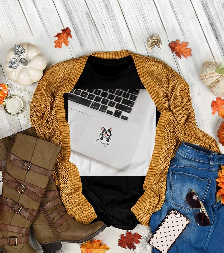 Laughing Bull Dog Sticker on Laptop Keyboard with Cute Cartoon T-Shirt