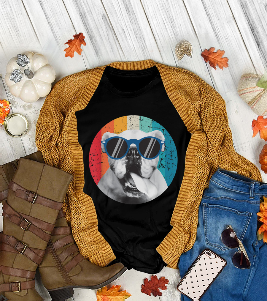 Bulldog with Sunglasses on Vintage Rainbow Background T-Shirt