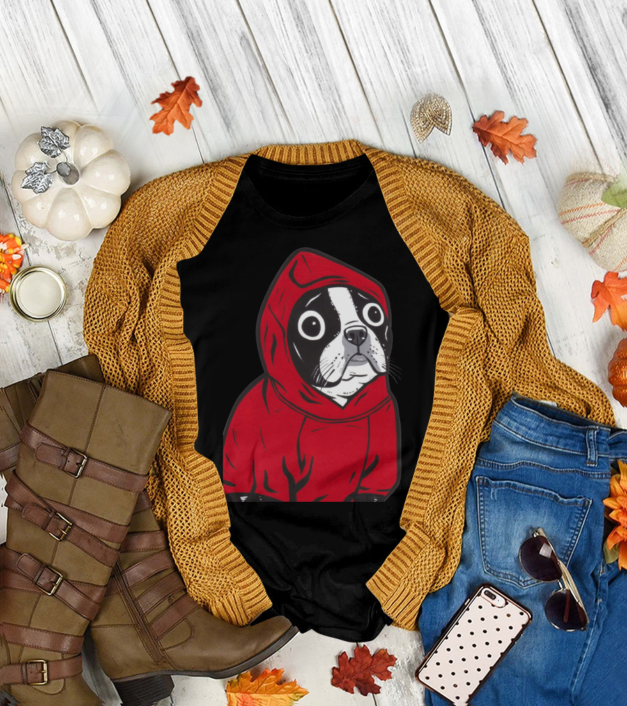 Boston Terrier in Red Hoodie with Wide-Eyed Expression T-Shirt
