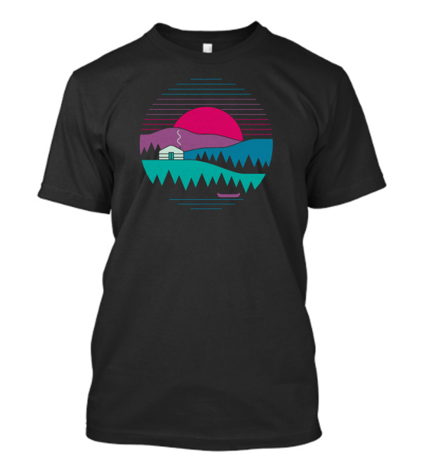 Retro Sunset Mountain Cabin And Canoe Scene Back To Basics T-Shirt