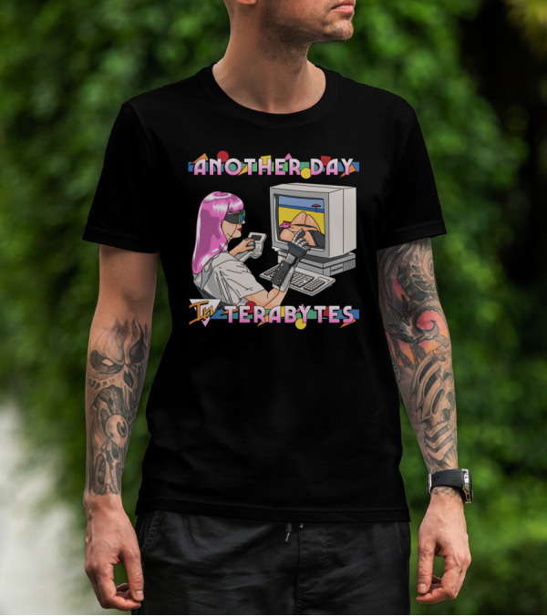 Virtual Escape: Another Day In Terabytes Cyber Gamer Art With Pink Hair Gamer And Vintage Computer T-Shirt