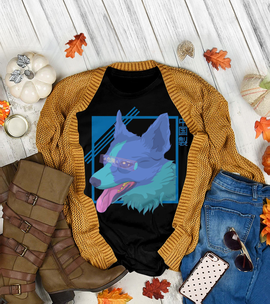 Retro Vaporware Corgi Blue China Made Neon T-Shirt