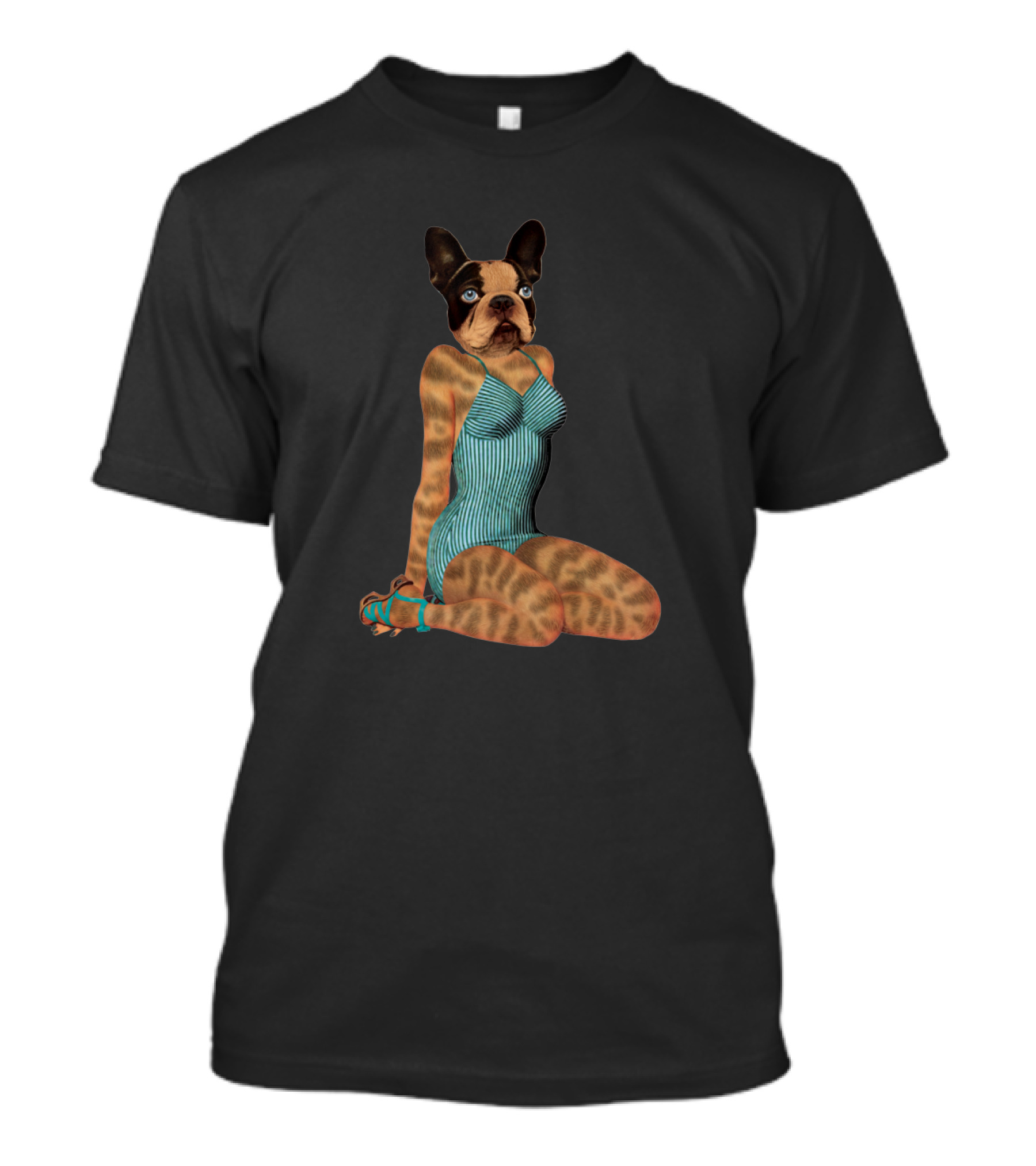 French Bulldog Pinup Girl In Retro Striped Swimsuit T-Shirt