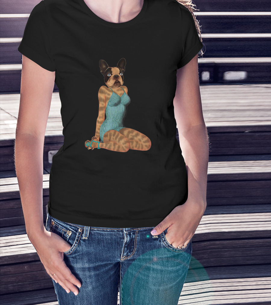 French Bulldog Pinup Girl In Retro Striped Swimsuit T-Shirt