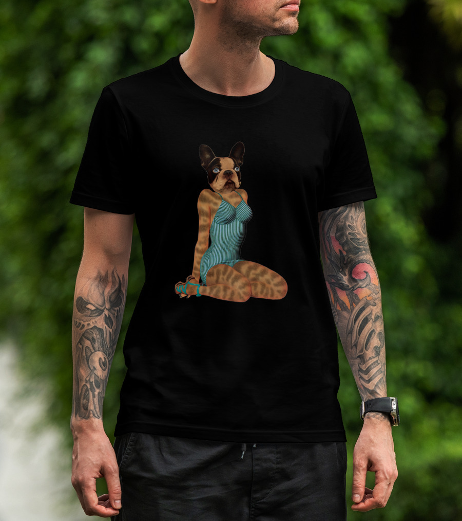 French Bulldog Pinup Girl In Retro Striped Swimsuit T-Shirt