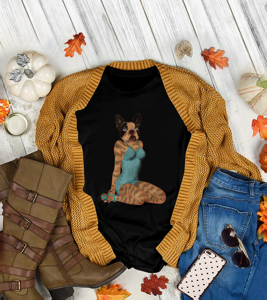 French Bulldog Pinup Girl In Retro Striped Swimsuit T-Shirt