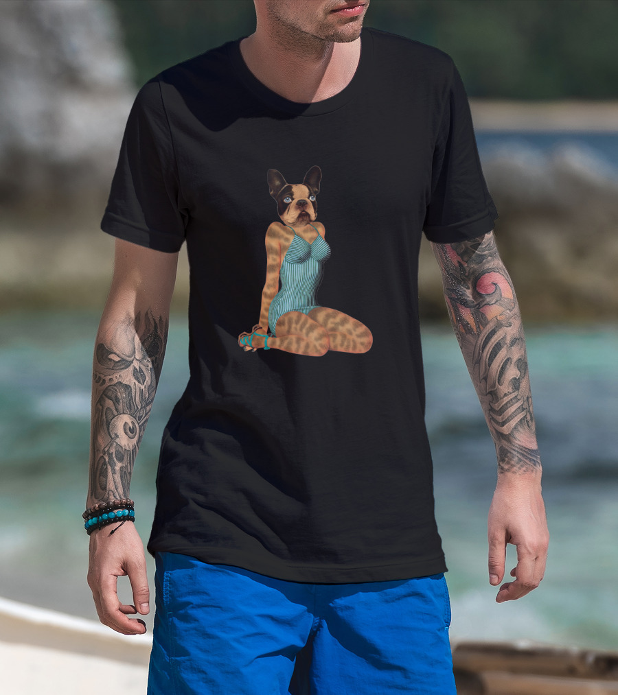 French Bulldog Pinup Girl In Retro Striped Swimsuit T-Shirt