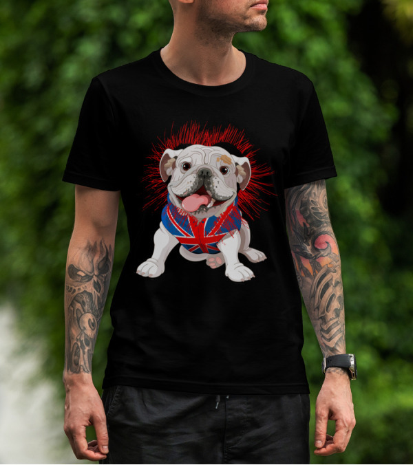 English Bulldog Wearing Union Jack Sweater With Bold Red Accents T-Shirt