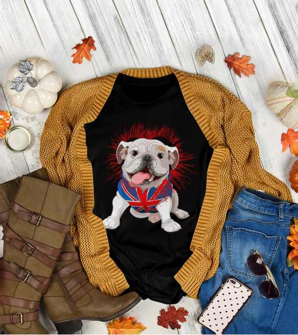 English Bulldog Wearing Union Jack Sweater With Bold Red Accents T-Shirt
