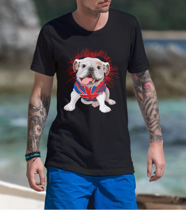English Bulldog Wearing Union Jack Sweater With Bold Red Accents T-Shirt