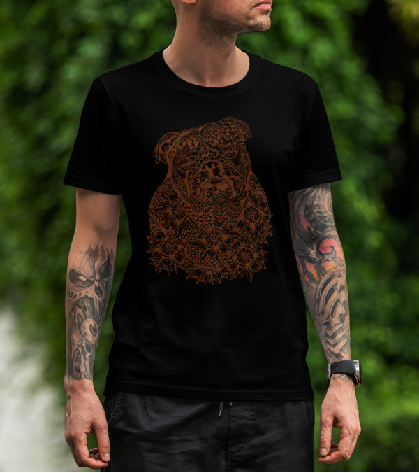 Mandala Depiction Of English Bulldog With Floral T-Shirt