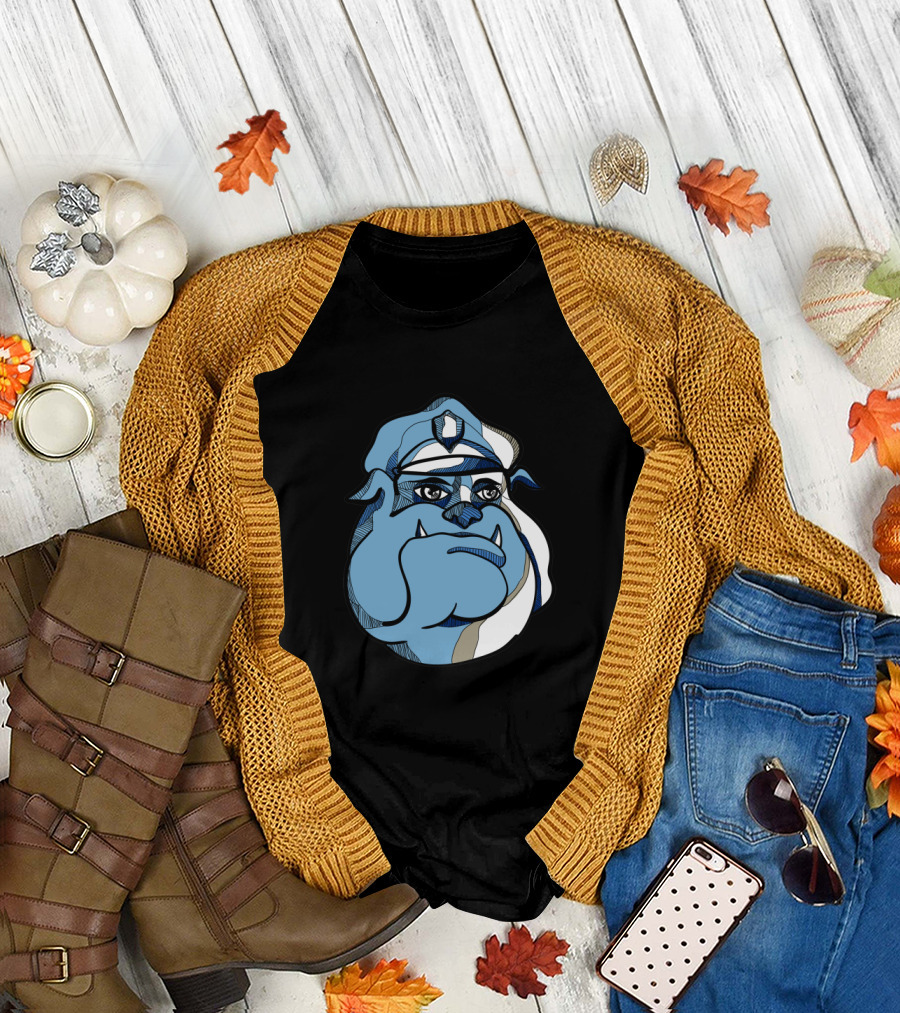 Policeman Bulldog Cartoon Face Sketch In Classic Blue Hues T-Shirt
