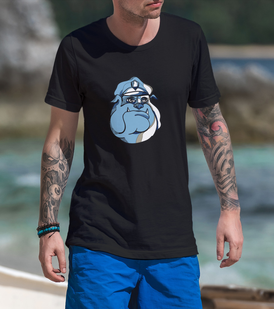 Policeman Bulldog Cartoon Face Sketch In Classic Blue Hues T-Shirt
