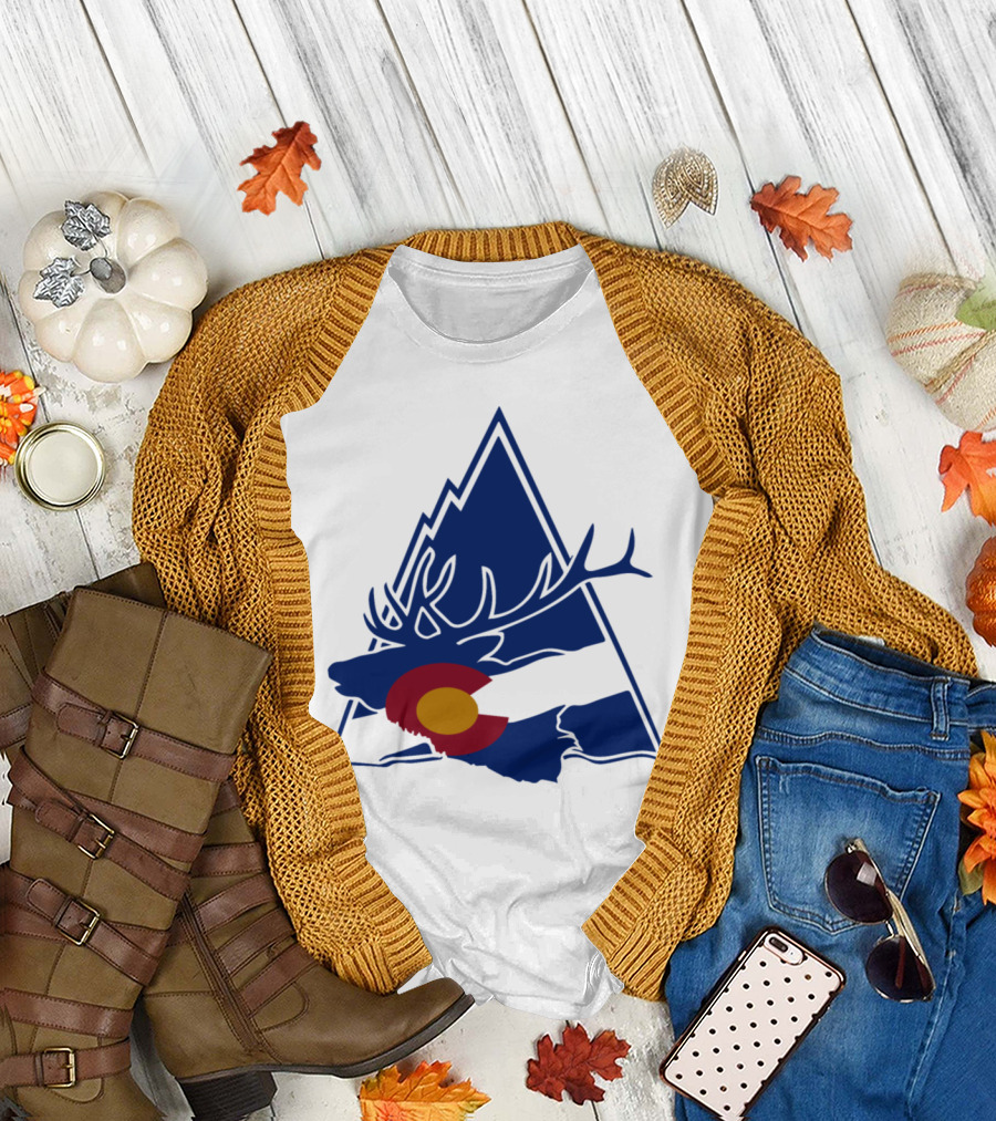 Colorado Elk with Mountain Silhouette and Colorado Flag Emblem T-Shirt