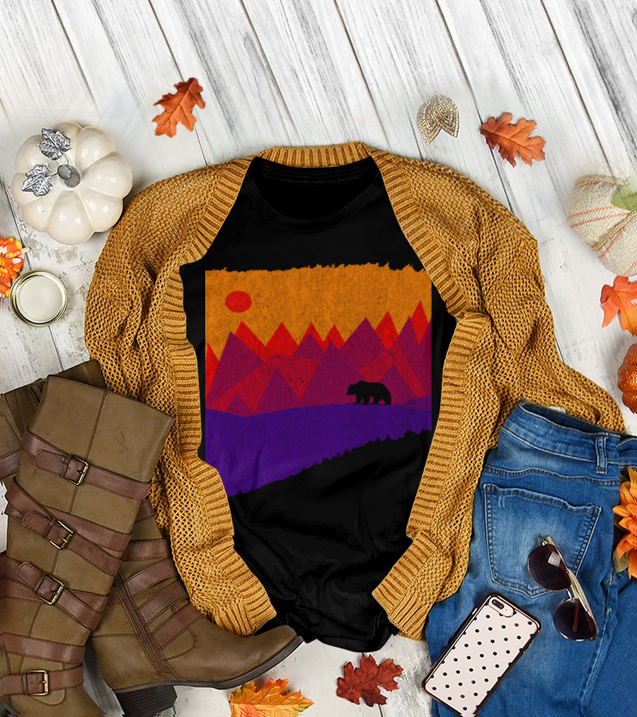 Mountains Sunset Silhouette with Bear Under Vibrant Sky T-Shirt