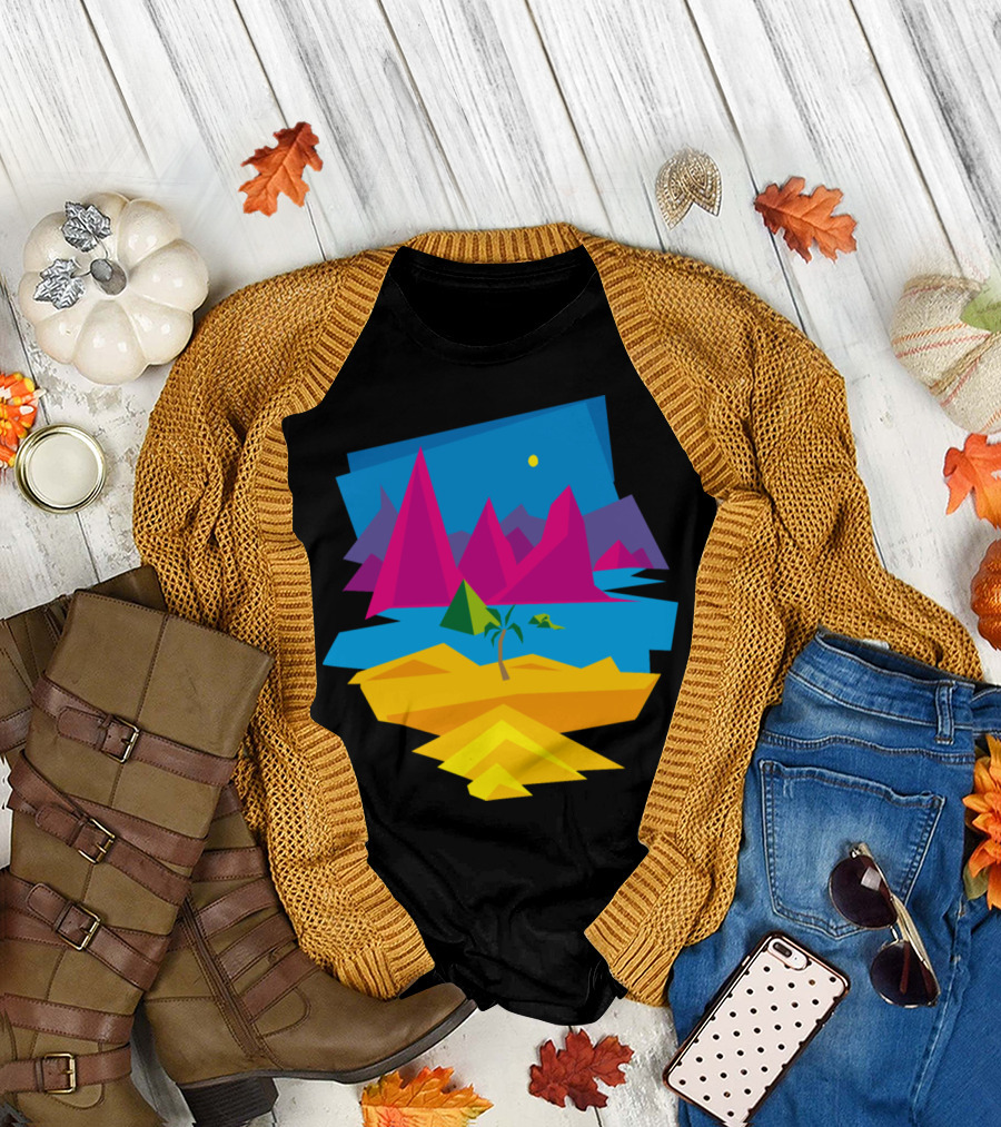 Pink Mountains Geometric Tropical Landscape with Yellow Beach and Blue Waters T-Shirt