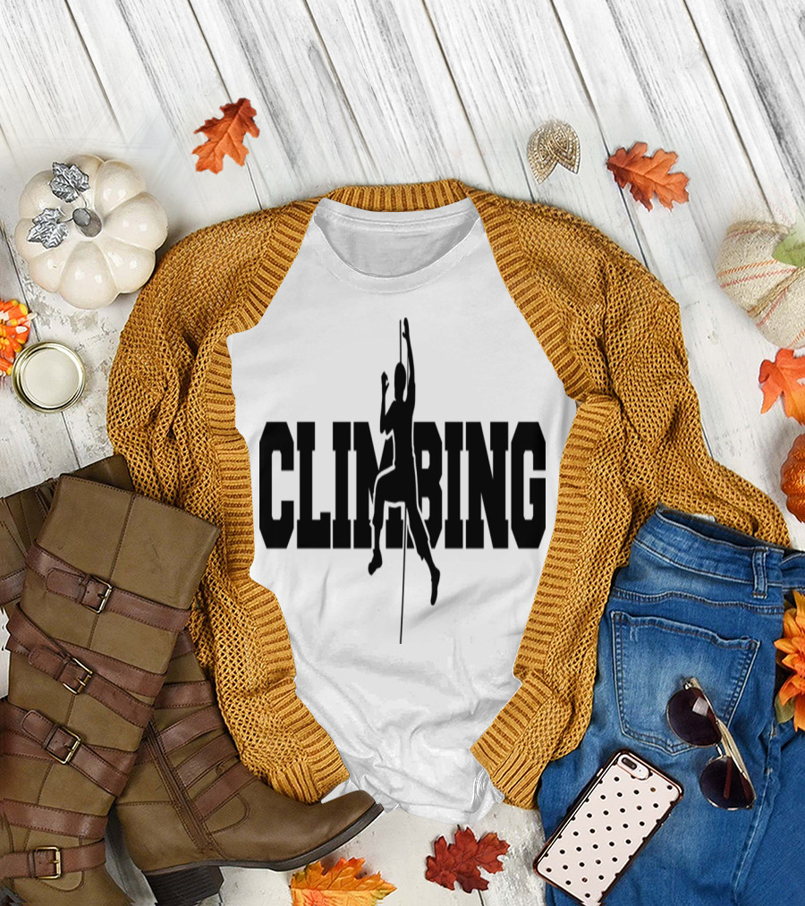 Climbing Mountaineer Silhouette Adventure Mountains Cling Text T-Shirt