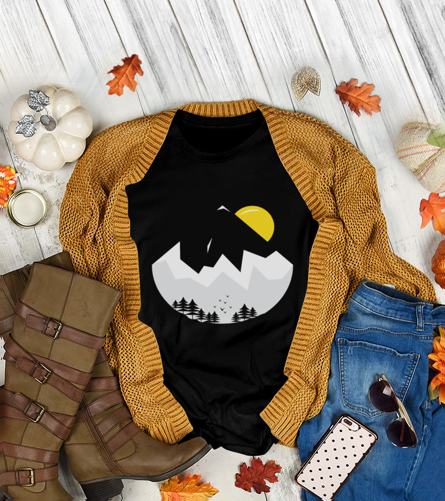 Black White Mountain Night Scene with Yellow Sun and Pine Trees T-Shirt