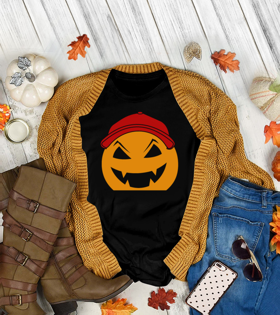 Jack O' Lantern Pumpkin with Red Baseball Cap T-Shirt