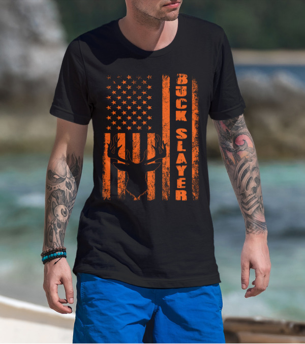 Hunting Blaze Orange Buck Slayer Patriotic Flag Deer T-Shirt