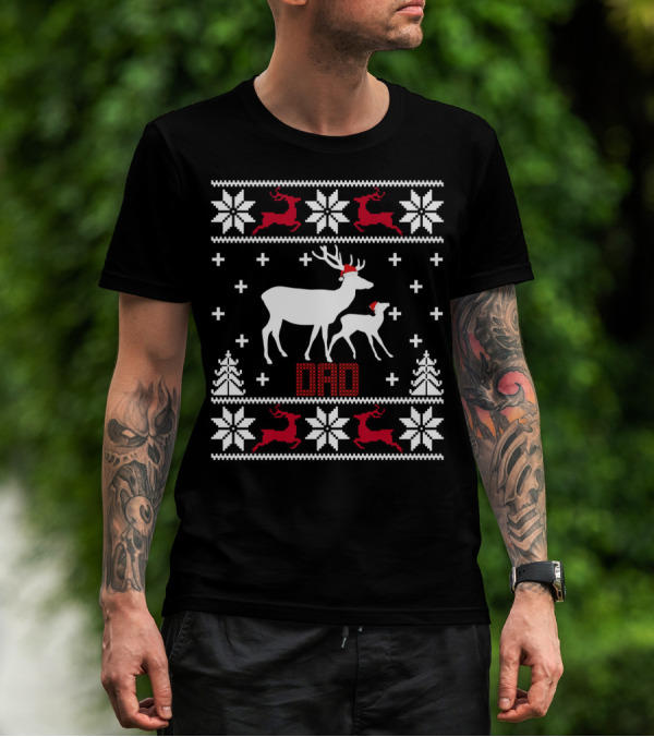 Matching Family Dad Reindeer Santa Hat Snowflakes Christmas T-Shirt