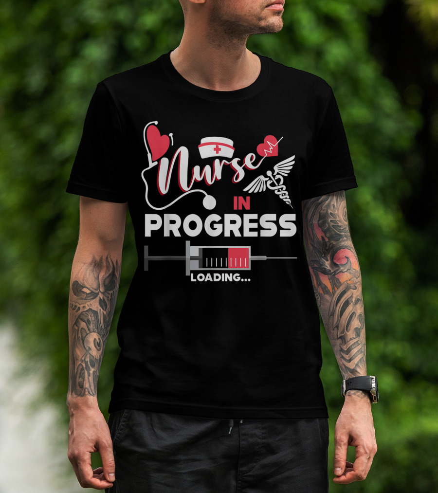 Nurse In Progress Loading Please Wait With Medical Symbols And Heart Motif T-Shirt