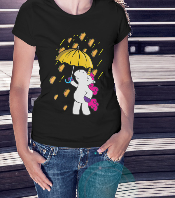 Its Raining Tacos Funny Unicorn Holding Yellow Umbrella T-Shirt