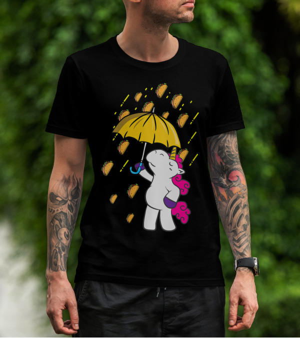 Its Raining Tacos Funny Unicorn Holding Yellow Umbrella T-Shirt