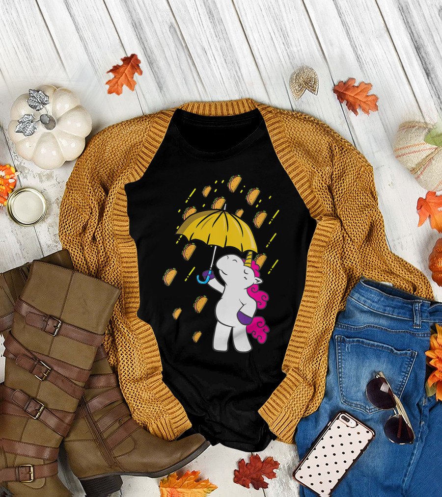Its Raining Tacos Funny Unicorn Holding Yellow Umbrella T-Shirt