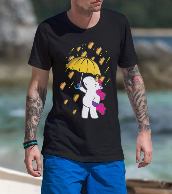 Its Raining Tacos Funny Unicorn Holding Yellow Umbrella T-Shirt