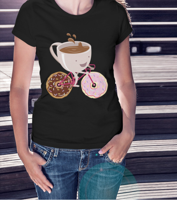 Coffee Cup Riding Bicycle With Donut Wheels Hand Drawn T-Shirt