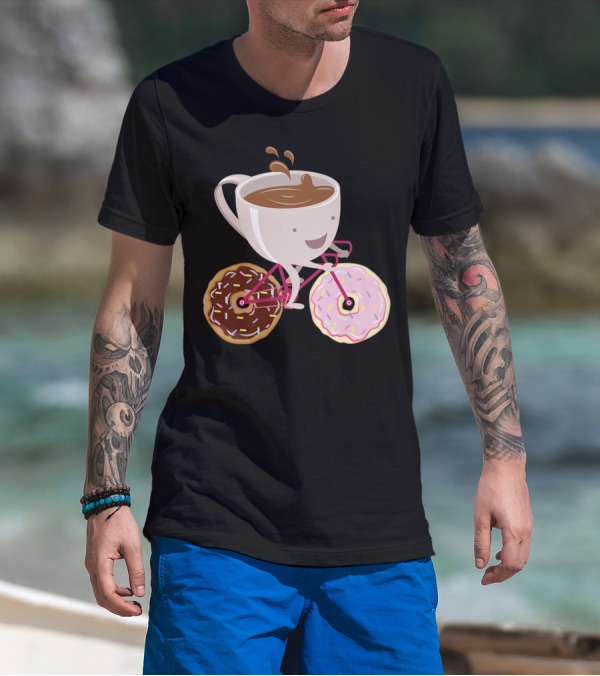 Coffee Cup Riding Bicycle With Donut Wheels Hand Drawn T-Shirt