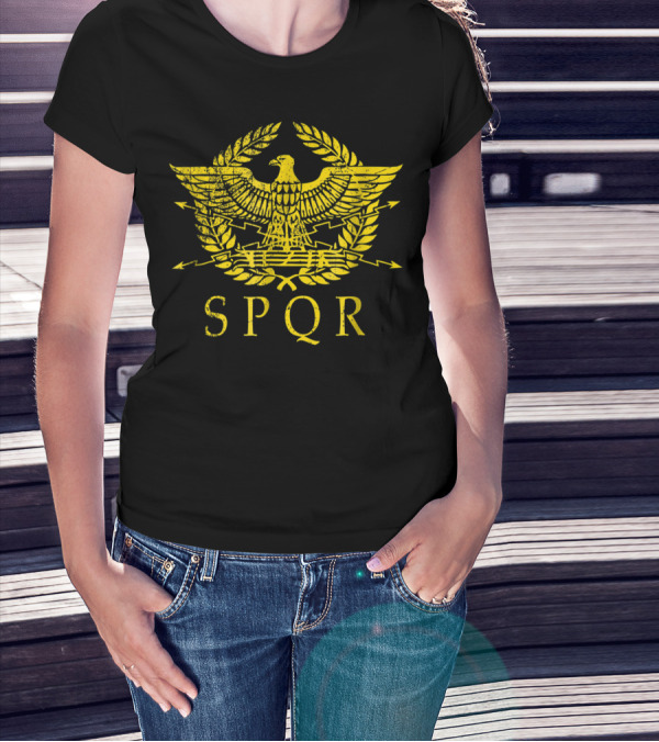 SPQR Distressed Ancient Rome Gold Eagle Laurel Emblem T-Shirt