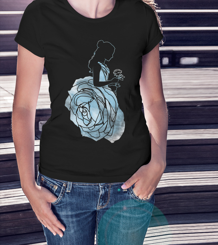 Disney Beauty And The Beast Belle Silhouette Blue Rose Dress T-Shirt