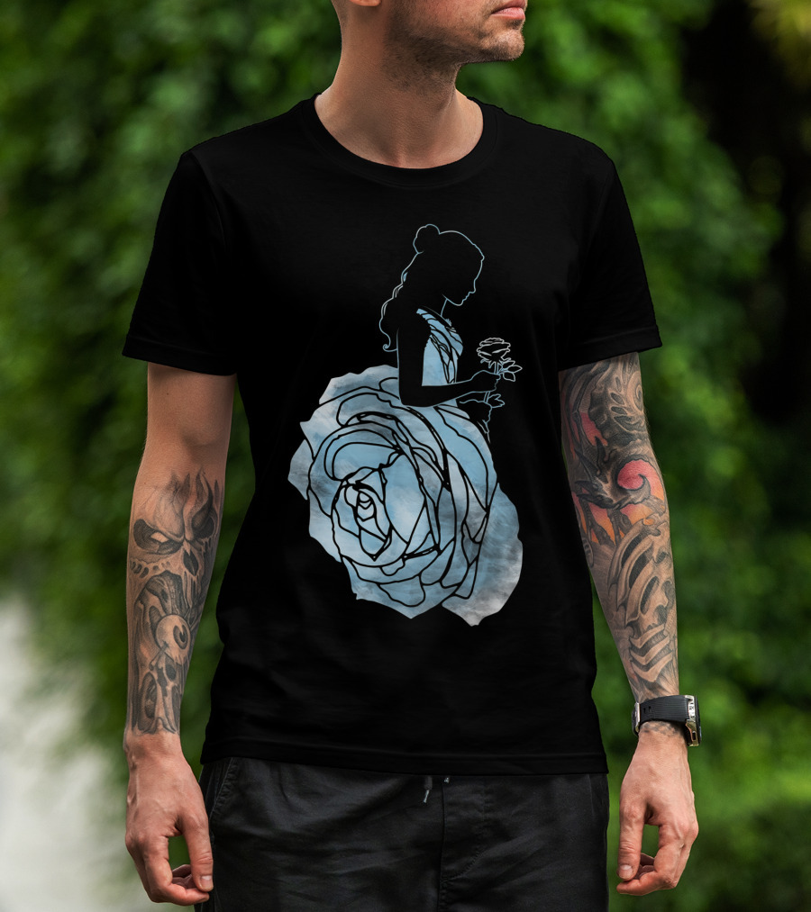 Disney Beauty And The Beast Belle Silhouette Blue Rose Dress T-Shirt