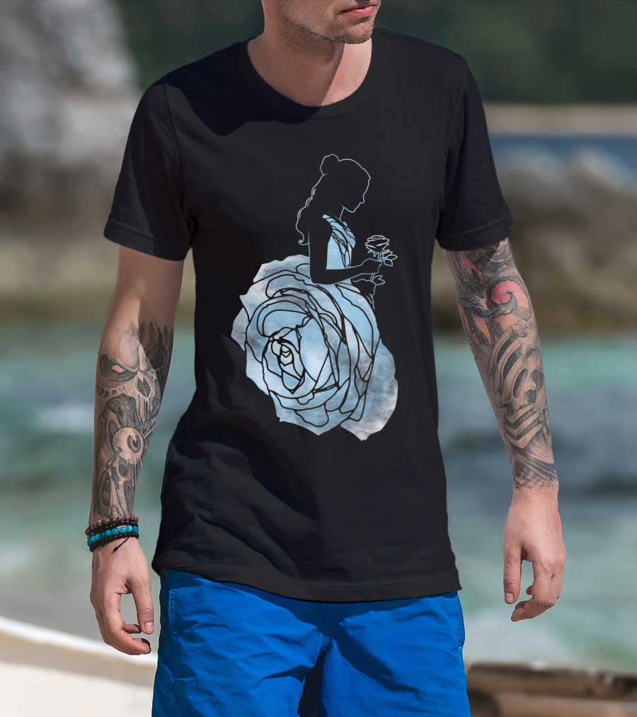 Disney Beauty And The Beast Belle Silhouette Blue Rose Dress T-Shirt