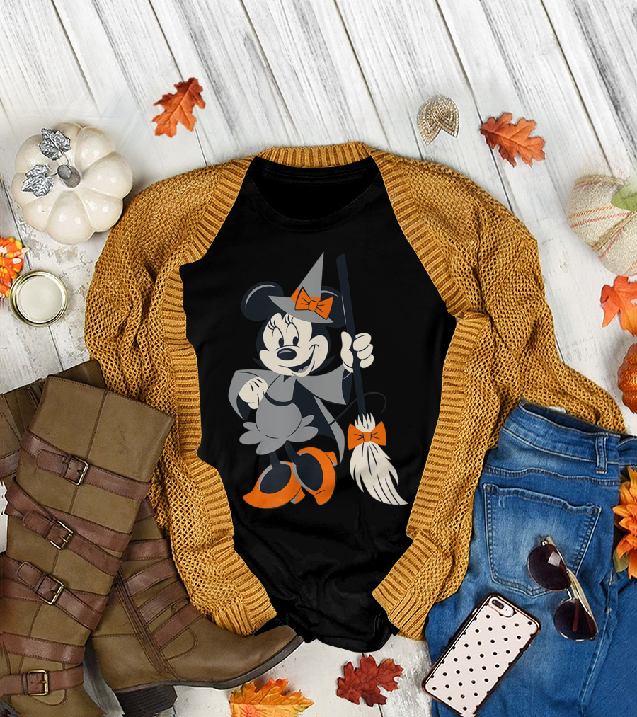 Disney Halloween Minnie Mouse Witch Costume Broomstick Orange Bows T-Shirt