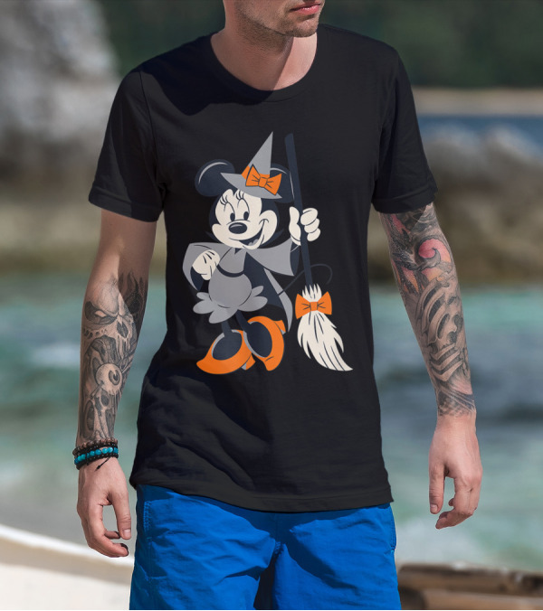 Disney Halloween Minnie Mouse Witch Costume Broomstick Orange Bows T-Shirt