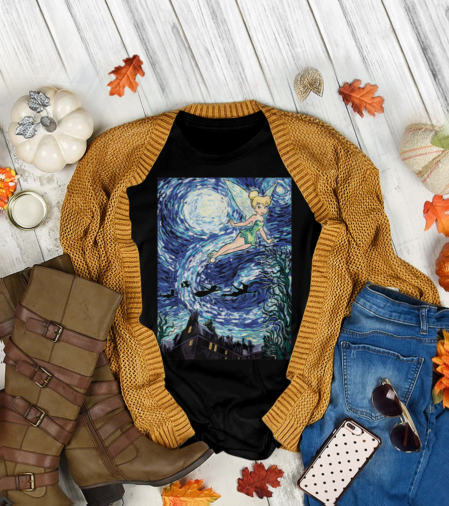 Disney Peter Pan Tinker Bell Starry Night Van Gogh Style Flight Scene T-Shirt