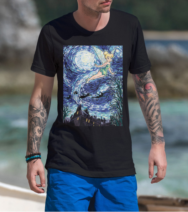 Disney Peter Pan Tinker Bell Starry Night Van Gogh Style Flight Scene T-Shirt